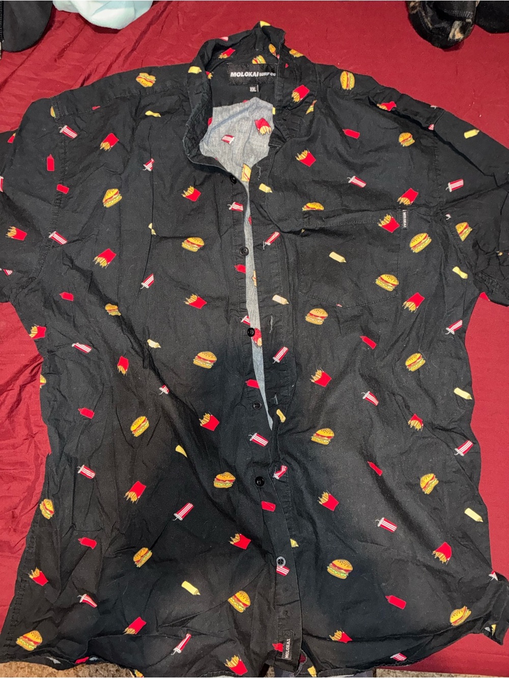 Men's Black Short-Sleeve Button-Down Shirt with Burger & Fries Print
